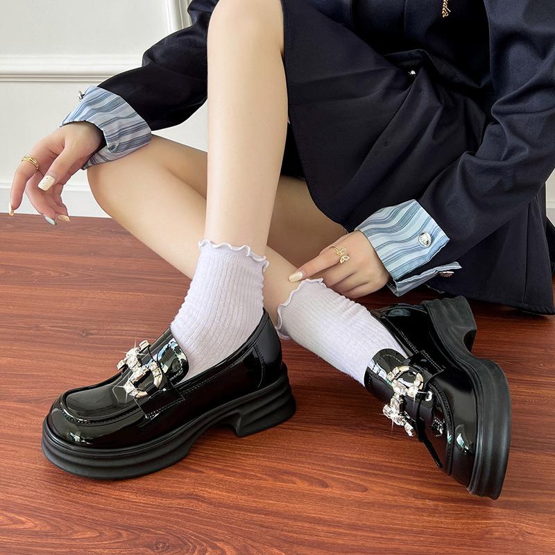Thick Heel Thick Sole Small Leather Shoes Women's College Round Head Heightening Loafers Muffin Bottom Rhinestone Fashion Single Shoes Women