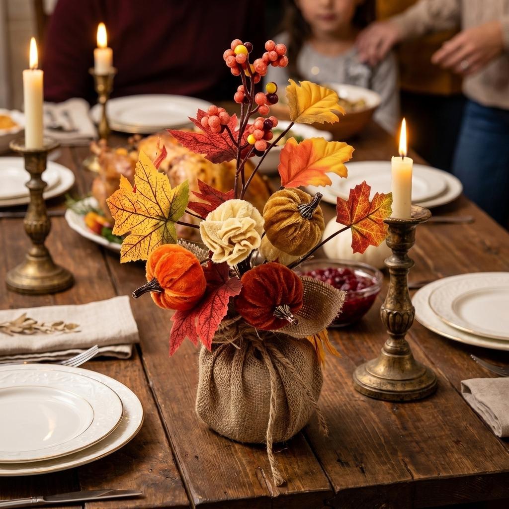 Artificial Pumpkin Floral Arrangement Tabletop Decoration with Burlap Base Fall Harvest Centerpiece for Home Office Seasonal Display