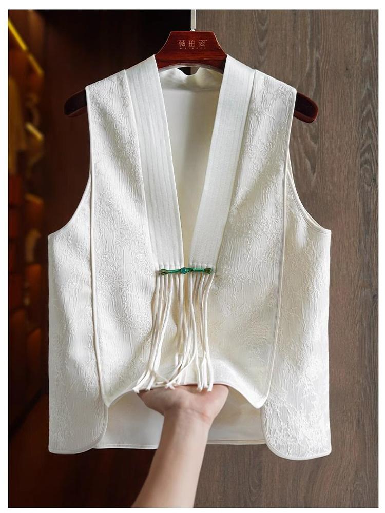 

Chinese Style Artificial Silk Jacquard Vest V-neck Buckle Tassel Sleeveless Top Autumn Versatile Fashion Vintage Women s Vests XL білий