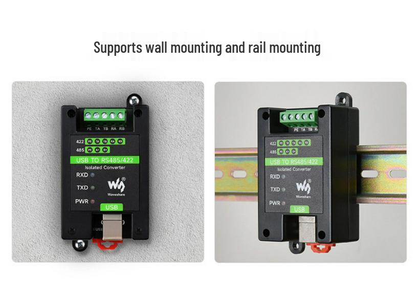 Industrial USB to RS485/RS422 Isolated Converter with Multiple Protection Circuits; Supports Wall and Rail Mounting.