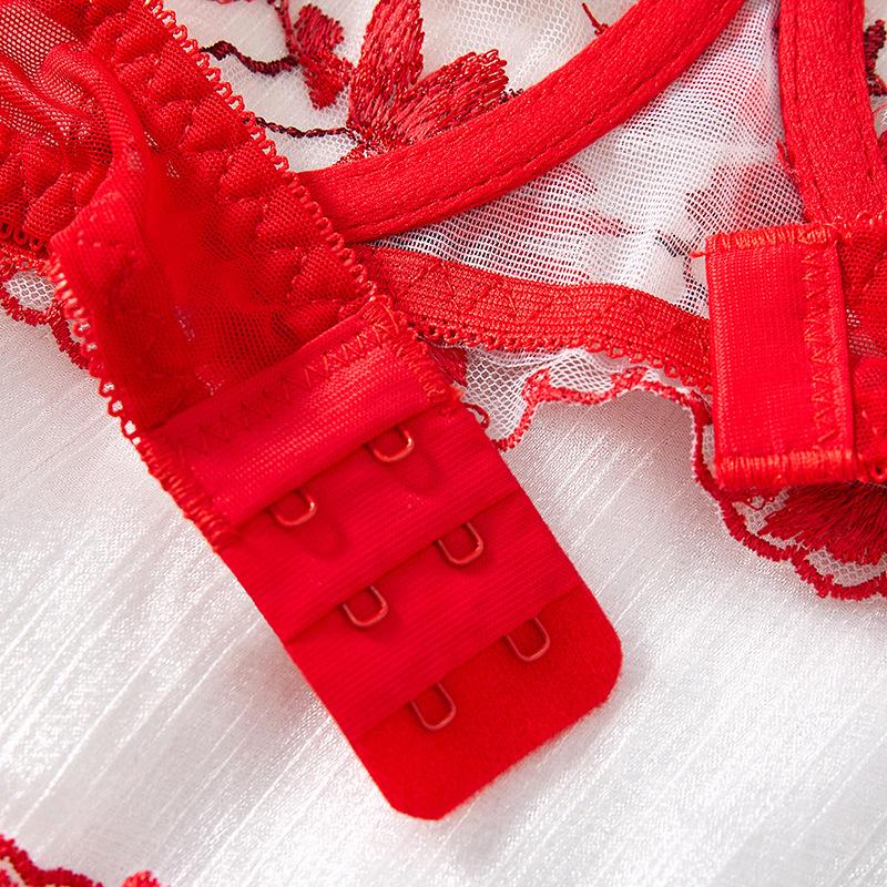 New Ultra-thin Transparent Lace Sexy Bra Red Embroidery Perspective Sex Underwear Set Europe and America