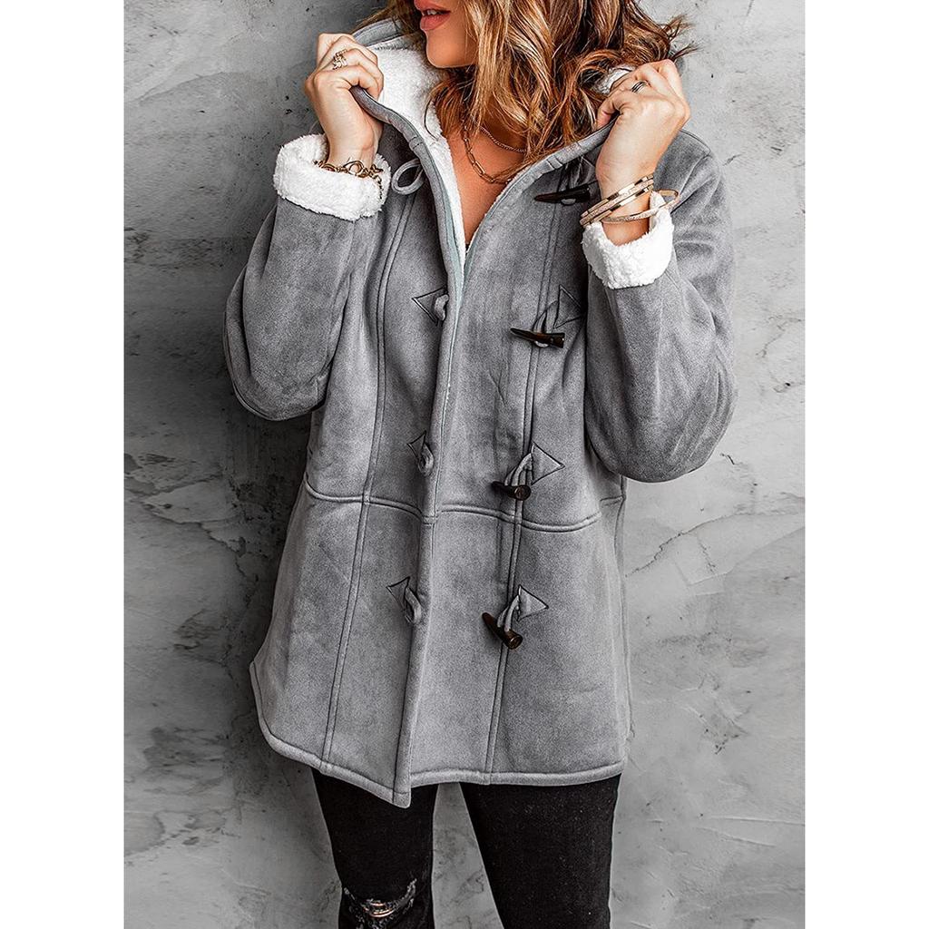 Winter Women's Mid-Length Shearling Coat, Detachable Faux Fur Collar Jacket With Pockets, Simple Pure Color Casual Buttoned Cardigan For Daily Wear