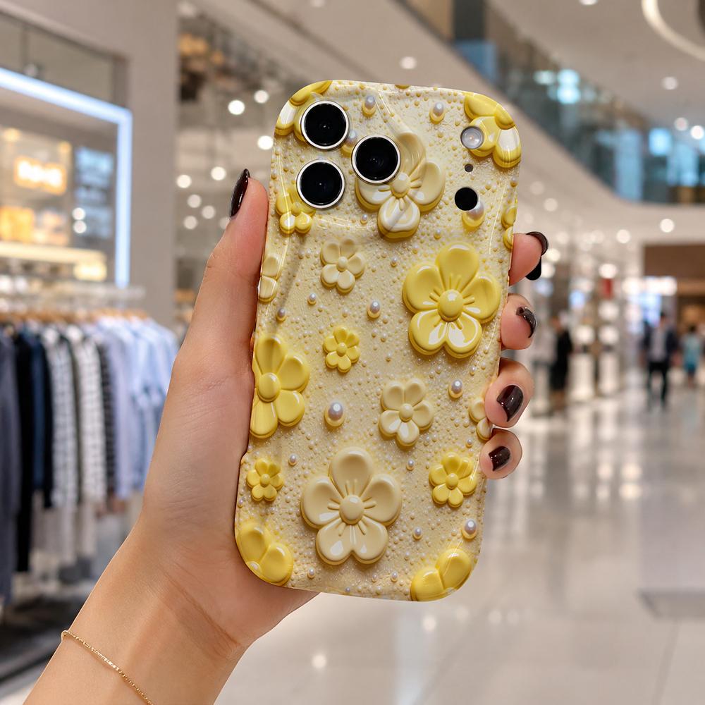 Yellow Floral Pearl Dot Wavy Edge Phone Case For iPhone 17 16 15 14 13 12 11 8 7 Plus Pro Max Elegant Soft Silicone Cover