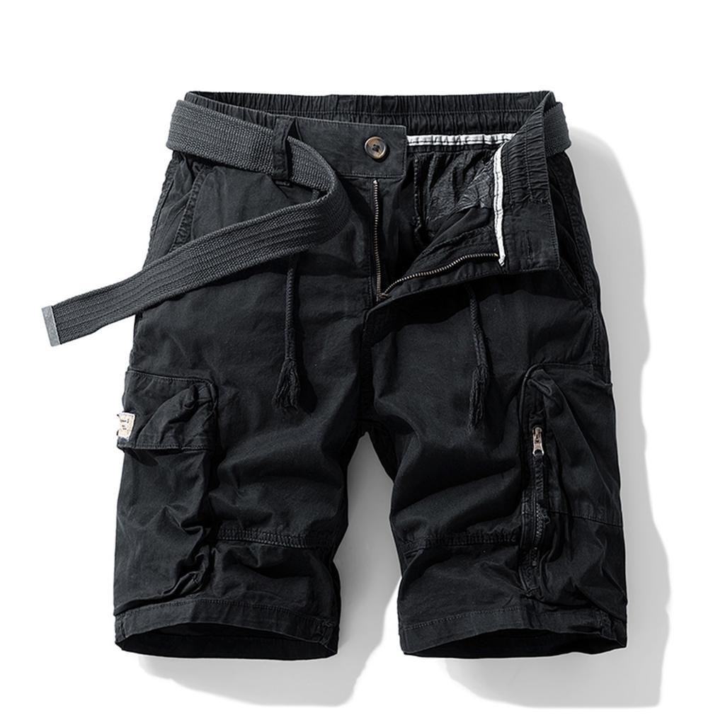 Men's Solid Color Work Pants, Cotton Five Quarter Pants, Retro Washed Multi Pocket Straight Leg Work Pants