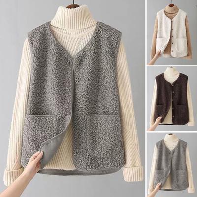 Women Fall Winter Vest Coat Solid Color V Neck Sleeveless Button Closure V Neck Soft Warm Pockets Cardigan Lady Waistcoat