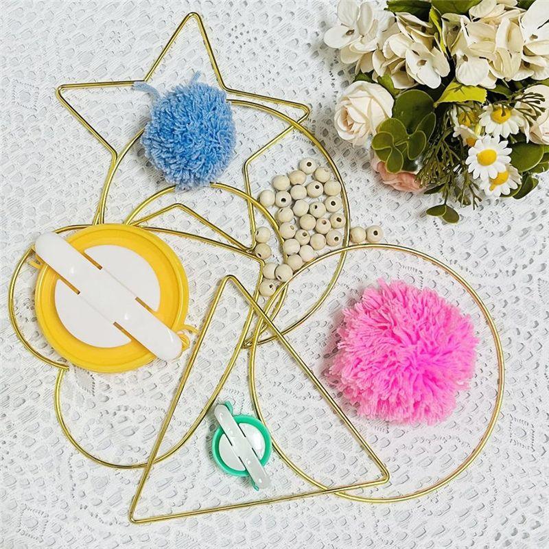 AEE4-Dream Catcher Rings Set, Metal Hoops For Crafts, 6 Inches Macrame Rings Gold, 5 Shapes Metal Hoops 4 Size Pompom Makers