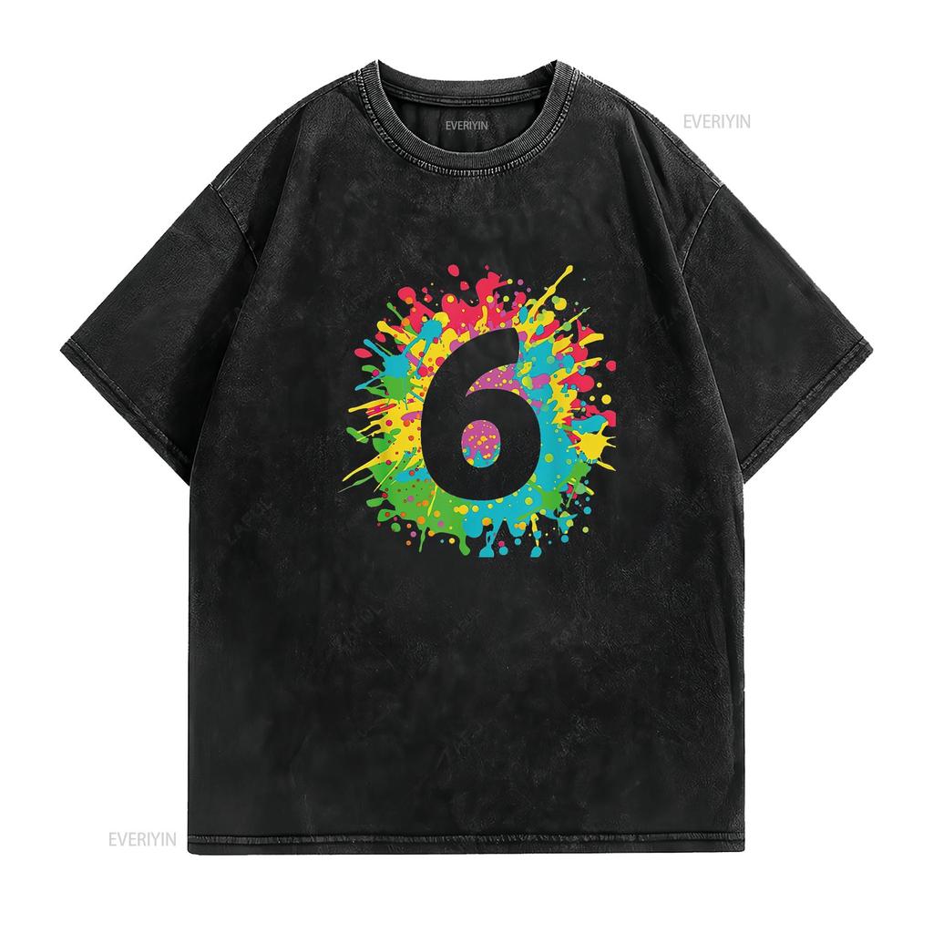 Womens 6Th Birthday T Shirt For Girls Boys 6 Paint Splashes Black 2XL Vintage Washed Graphic Comfortable Unisex Stretched