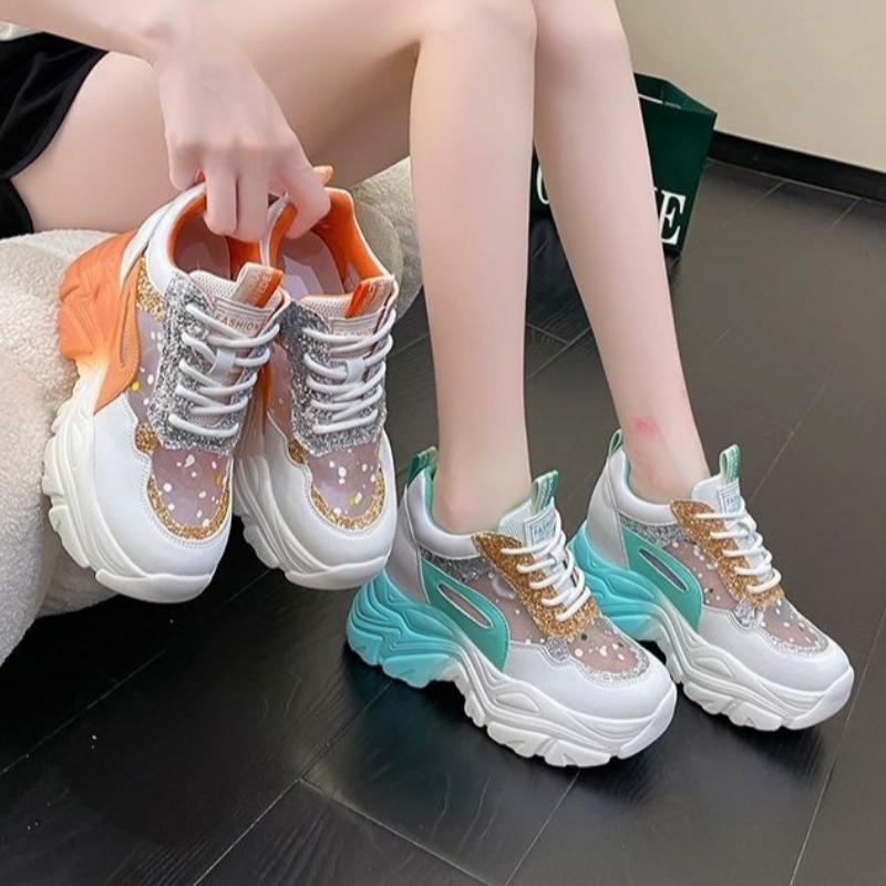 Summer Chunky Women Designer Shoes Fashion Breathable Sequin Vulcanized Shoes Non-slip Wedges Running Sports Shoes Sneakers 2025