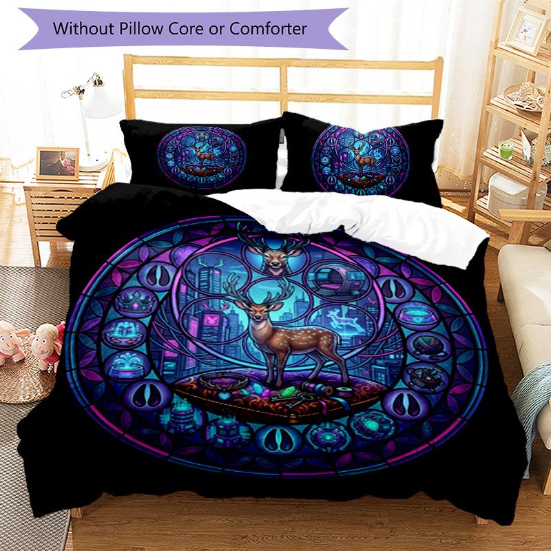 Deer Dreamscape Cityscape Pattern Bedding,Quilt Set Quilt Cover Pillowcase Home Birthday Gift (1 * Duvet Cover + 2 * Pillowcase, Without Core)