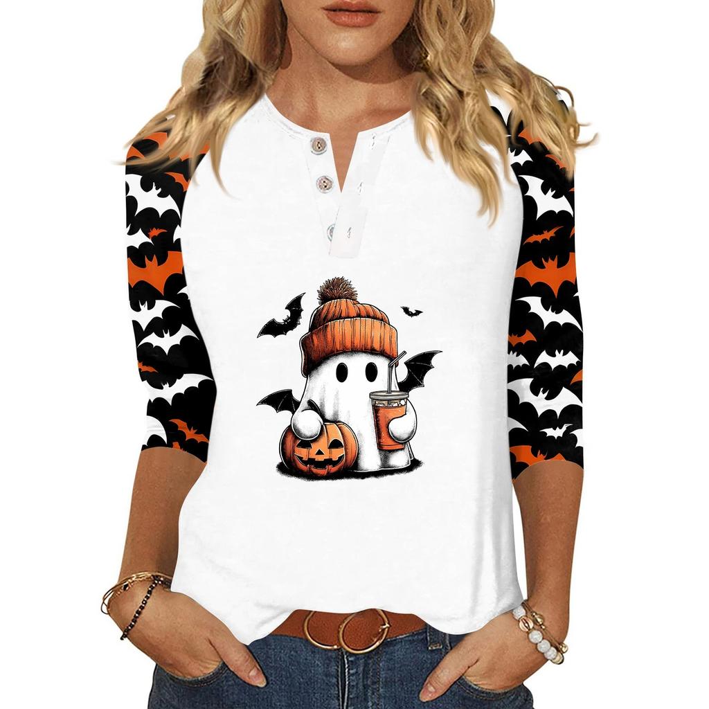 Dámské tričko Halloweenský potisk Knoflík 3/4 rukáv Denní Víkendová Móda Základní V-výstřih Běžný Top