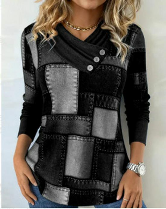 Autumn/Winter European & American V-neck Pullover Women's Long Sleeve Printed T-shirt