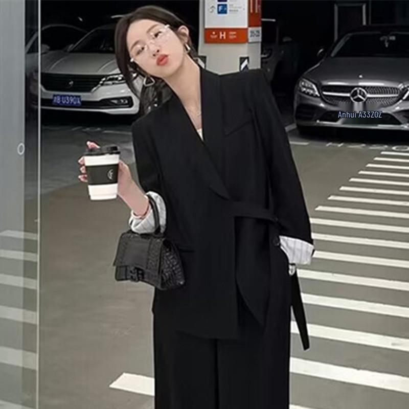 Women's Spring & Autumn Loose Fit Blazer and Wide-Leg Pants Set