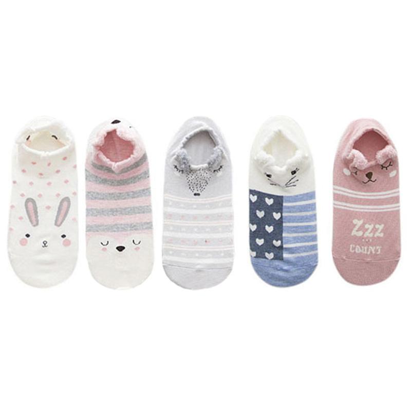 5 Pairs Women's Socks Spring Summer Three-Dimensional Shallow Mouth Cartoon Female Cotton Invisible Japanese Cute Animals Socks