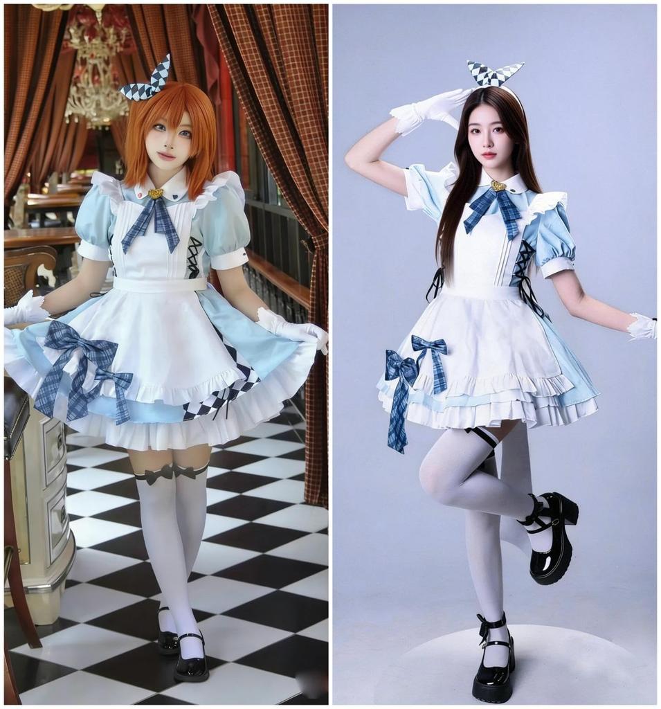 [KALAOK] Maid Outfit with Petticoat 5-Piece Set Lolita Dress Apron Maid Cafe School Festival Event Blue M