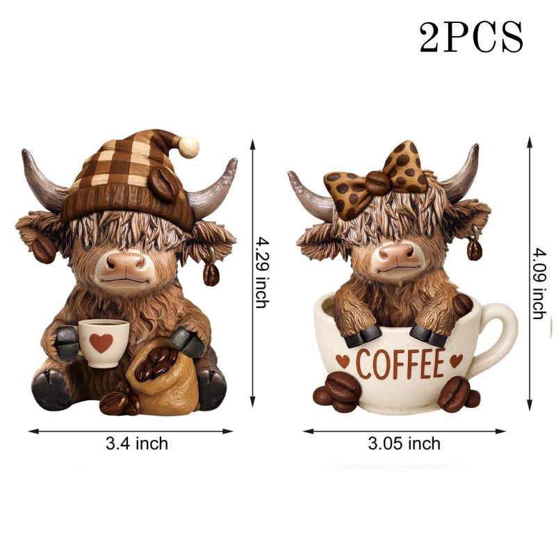 2Pcs 2D Flat Wooden Newspaper-Reading Cows Highland Cow Decorative Ornaments For Home Bedrooms Entryways Bookshelf Display