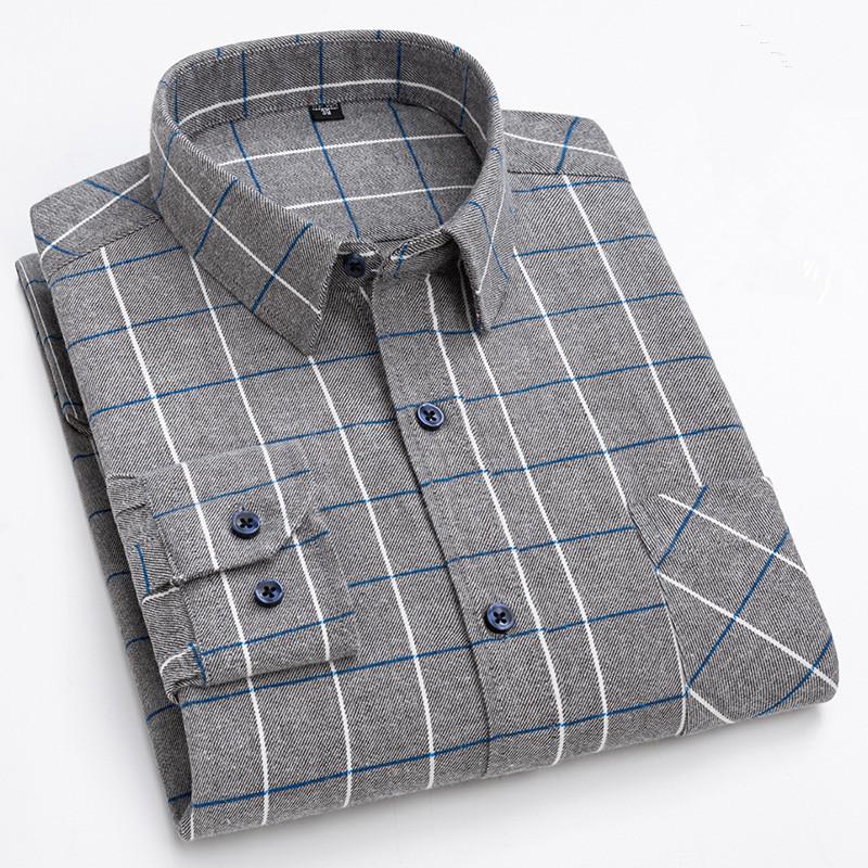 Oversized S~6XL Men's Plaid Shirt Long Sleeve Autumn Spring Soft Standard Fit 100% Cotton Brushed Outerwear Casual Man Clothing