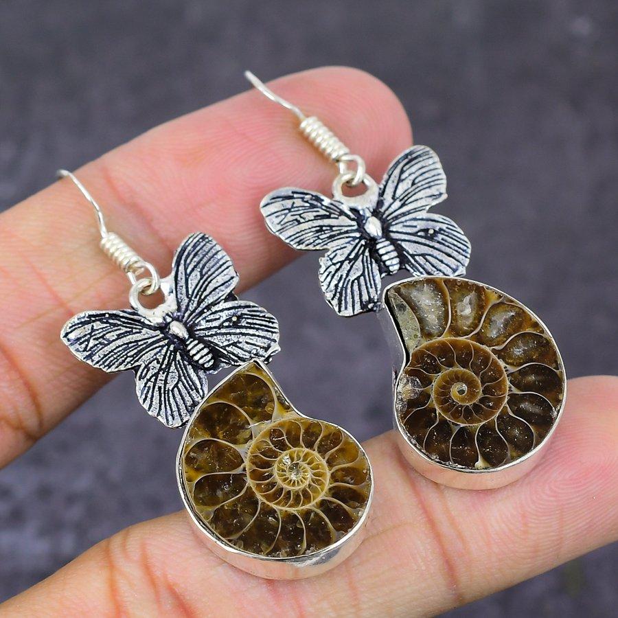 Naturlig Ammonitt Fossil Edelstein Håndlaget 925 Sterlingsølv Øredobb 2.17" B1R90