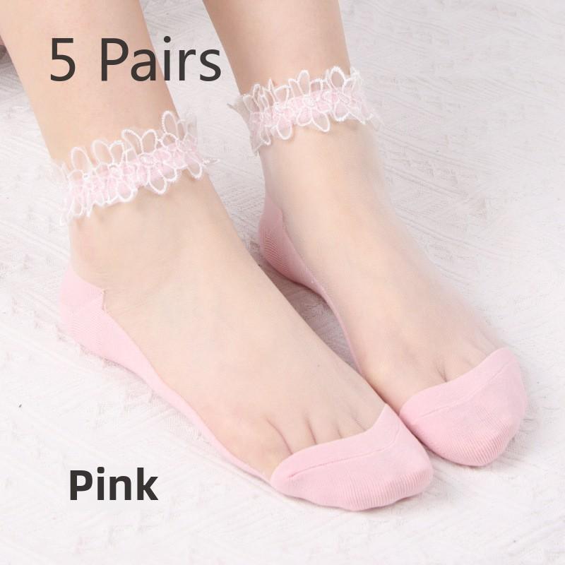 

5 пар женских носков весна лето тонкие прозрачные кружевные носки короткие хрустальные чулки 5 Pairs розовый
