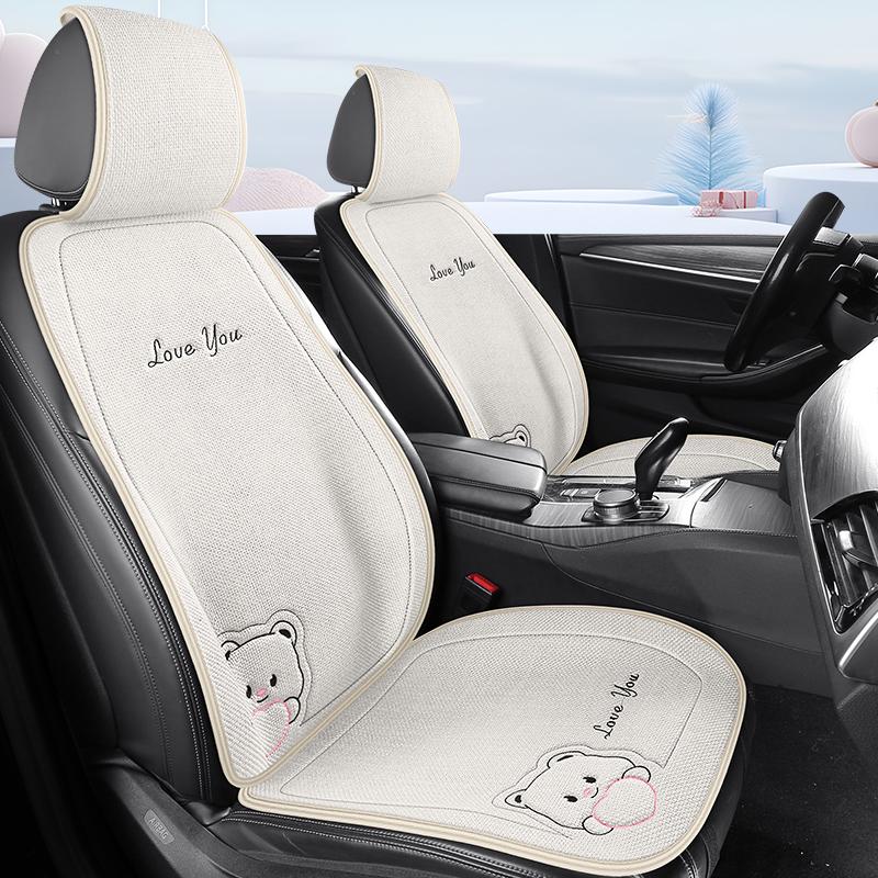 Lovely Bear Car Seat Cushion for Front Seat Soft & Breathable Linen Fabric for All Seasons Universal Fits Most Cars