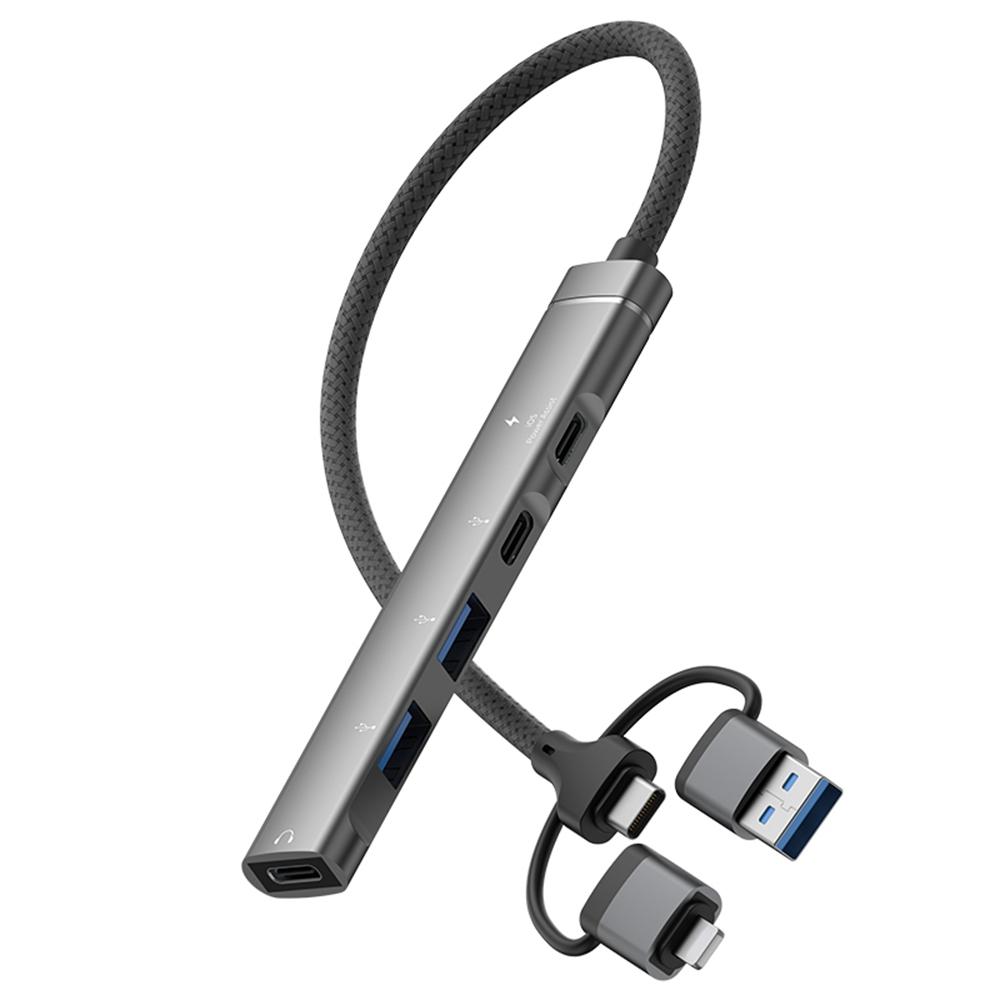 

3-в-1 Адаптер-хаб 8-контактний/USB/Type C на 5 портів USB для смартфонів, планшетів, передача даних, зарядка 15 Вт A