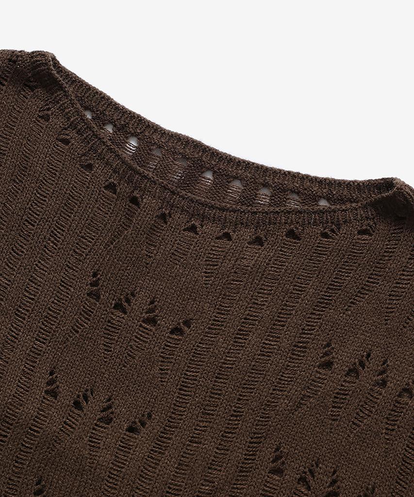 NOIRER FOR WOMAN Wool Damaged Boat Neck Knit Top (Brown)