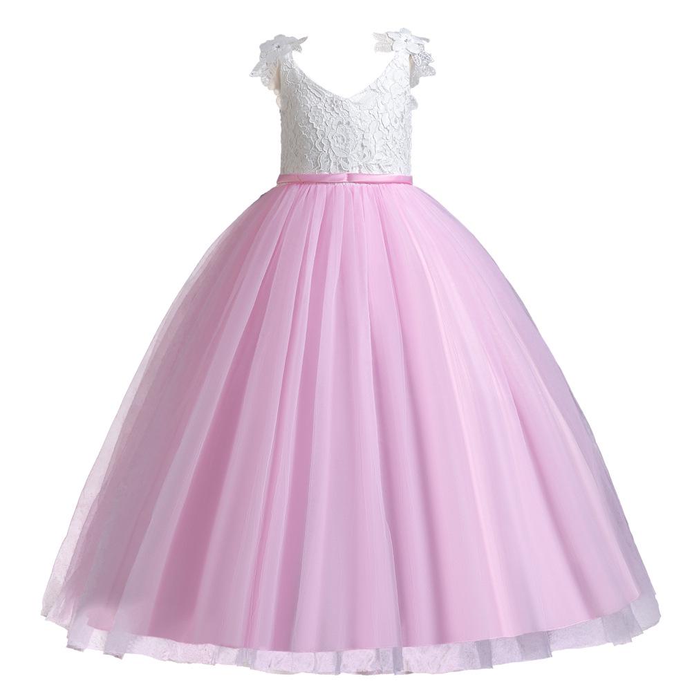 Girls' Lace Spaghetti Strap Flower Girl Dress - Puffy Formal Princess Gown for Wedding or Fashion Show Performance