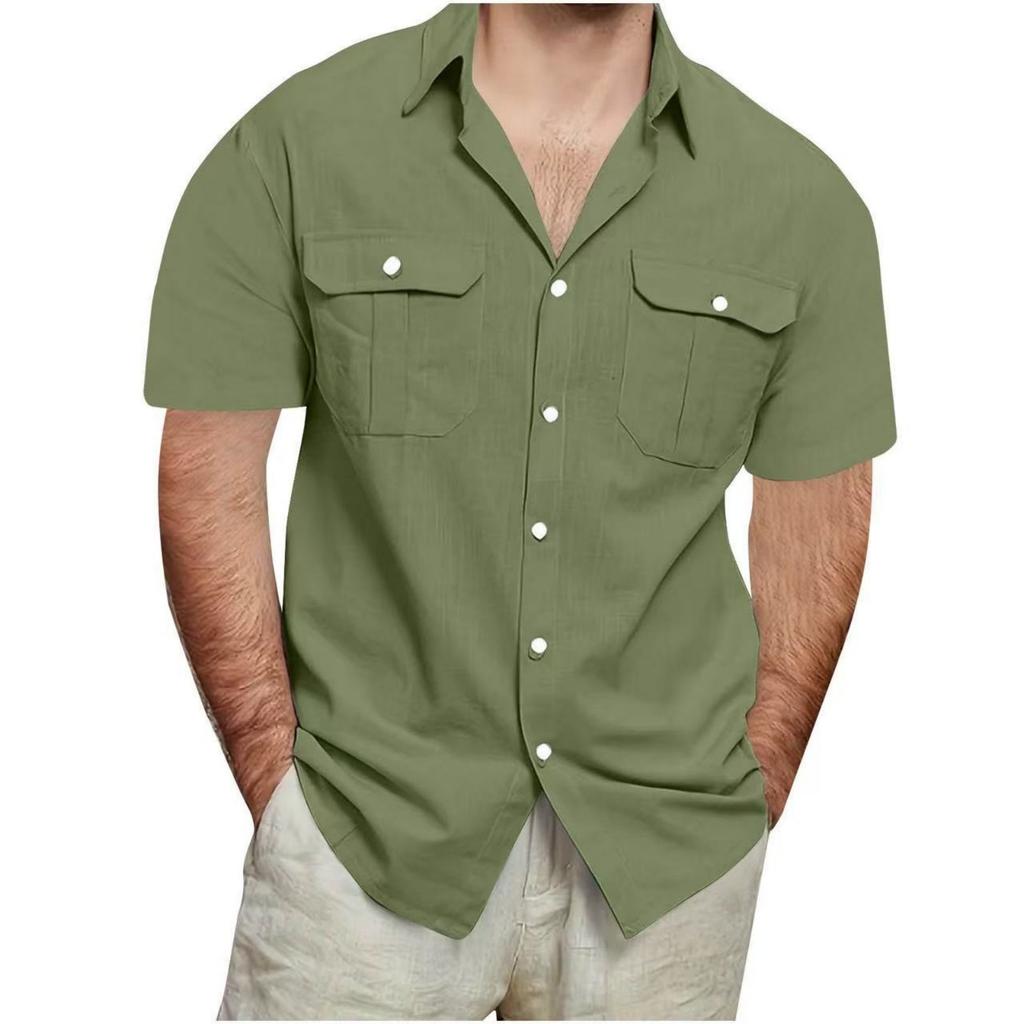 Men's Double Pocket Cotton And Linen Leisure Holiday Short-sleeved Shirt