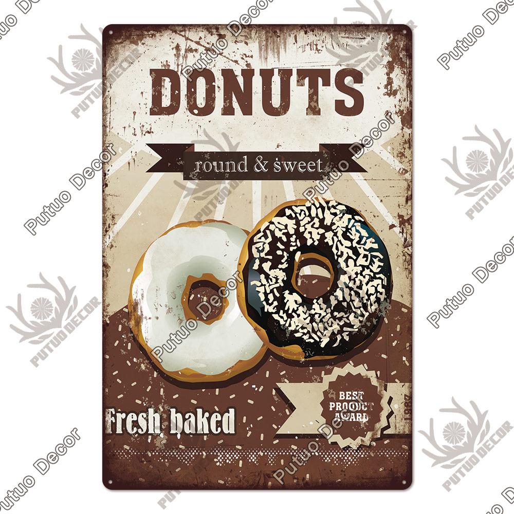 Putuo Decor Donuts Dessert Vintage Plaque Metal Plate Tin Sign Wall Art Decor Retro Poster for Kitchen Cafe Home Iron Painting