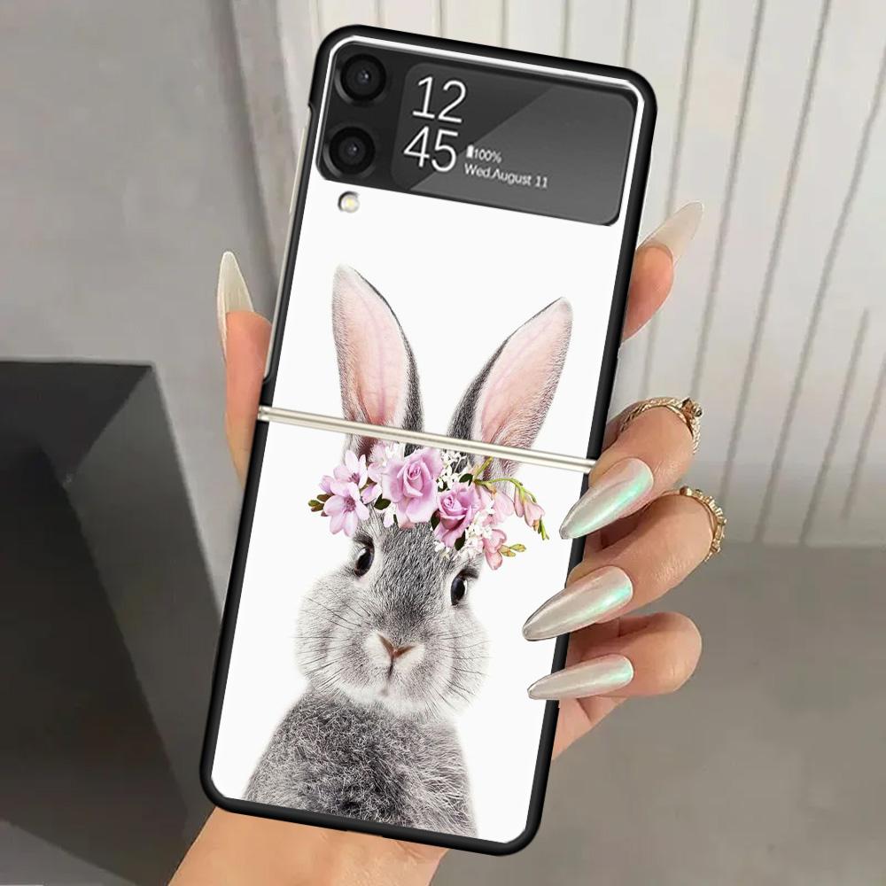 Süßes Kaninchen Baby Kaninchen Harte PC Handyhülle Für Samsung Galaxy Z Flip 6 5 4 3 Schwarze Hülle ZFlip6 Flip5 Flip4 5G Faltbar Druck Ca