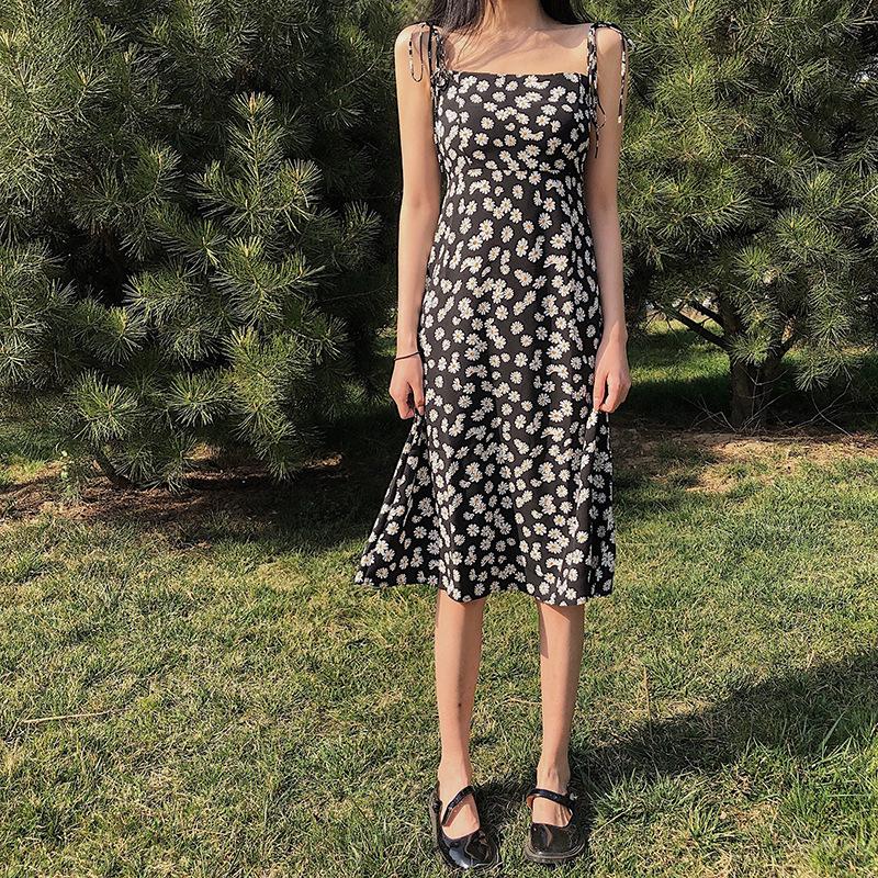 Women s Square Neck Sleeveless Daisy Print A-Line Dress High Waist Tie Strap Mini Dress M