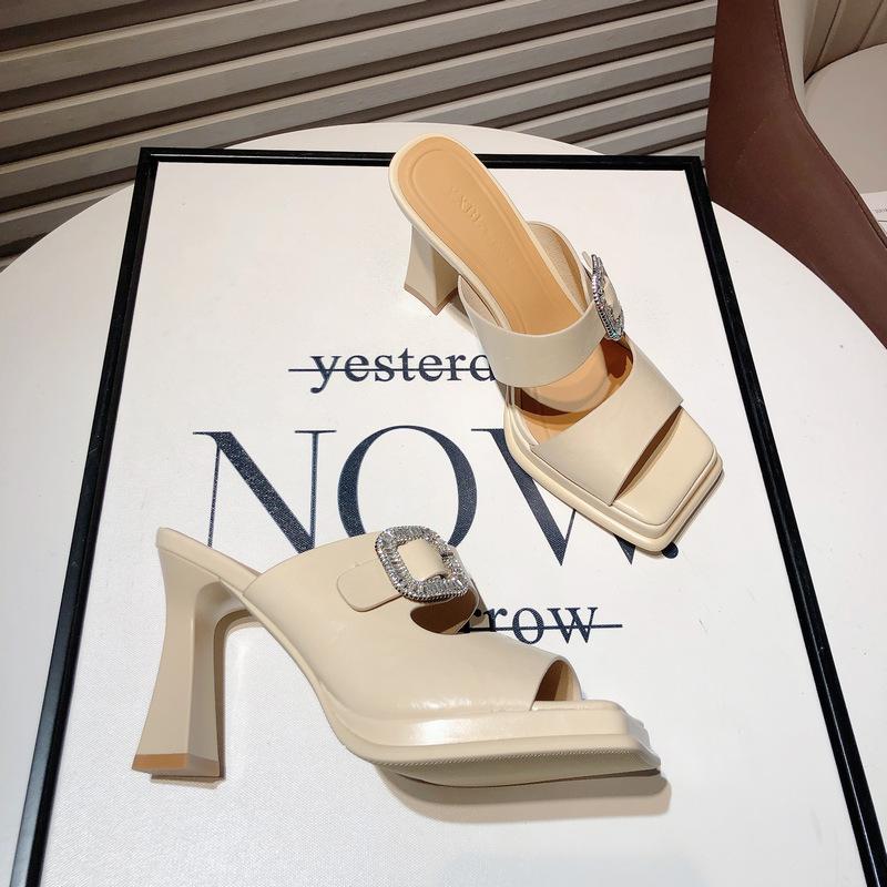 Fashion Open-toed Square Head Half-drag Sandals Women Wear Thick-heeled Cool Slippers 2025 Summer New Waterproof Desk High-heeled Slippers