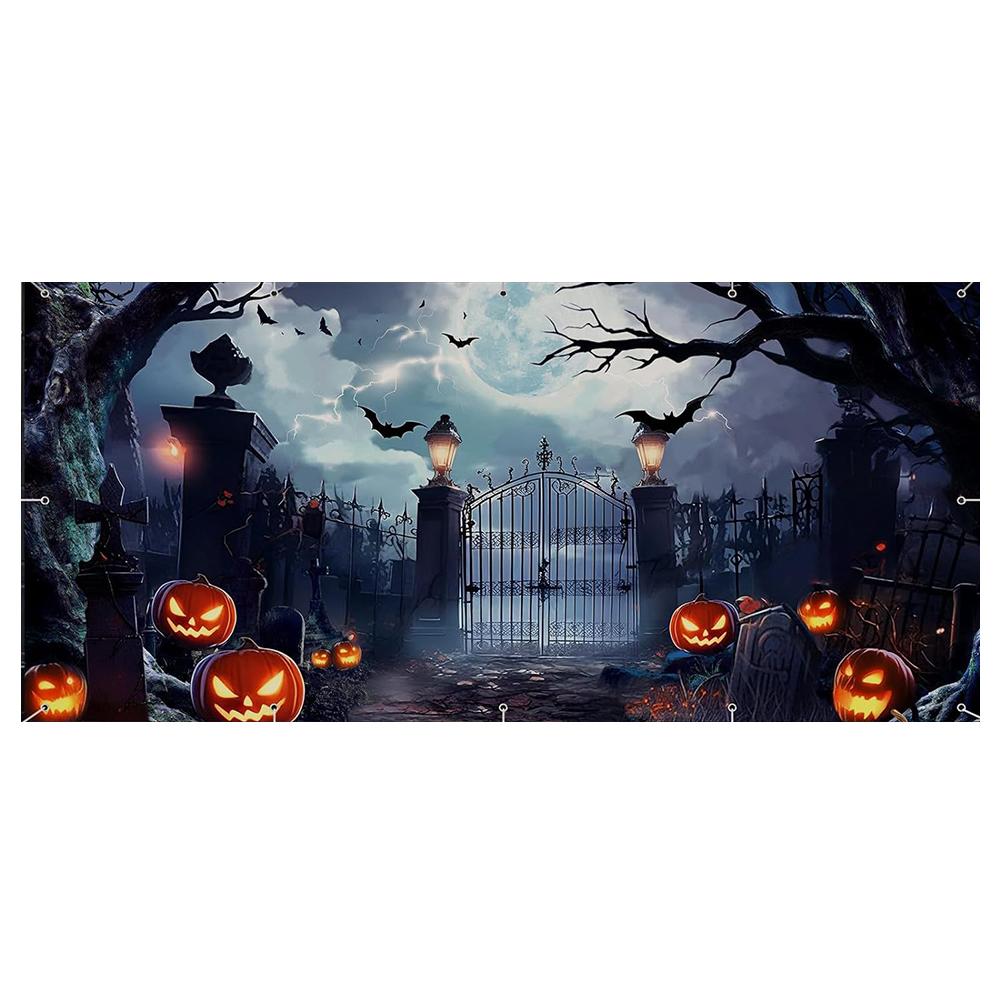 8x7 Ft Halloween Garage Door Banner Hanging Backdrop Garage Door Cover Misty Forest Pumpkin Lantern Scene 243x218 cm
