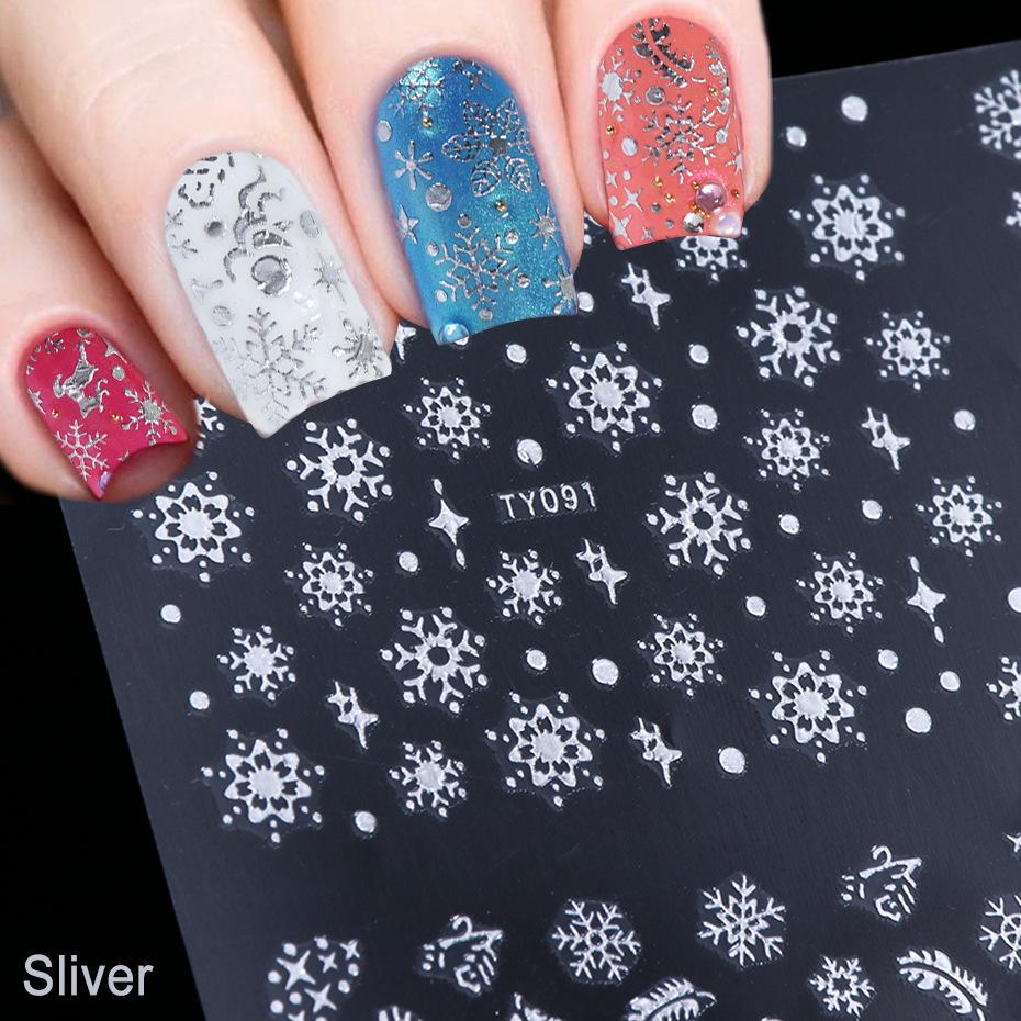 1Pc 3D Christmas Nail Stickers Gold Silver Colors Snowflakes Nail Decals Manicure Decor