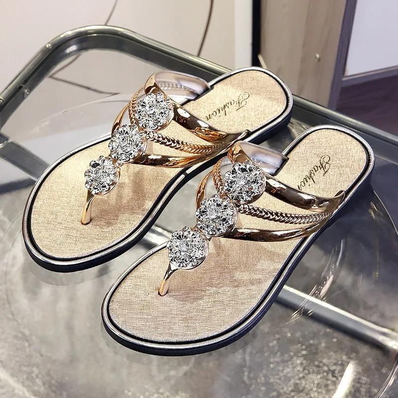 Fashion Women's Silver Biscuit Beach Sandals Flip Flops Floral Hollow Crystal Clip Parker Gold Strap Sandals