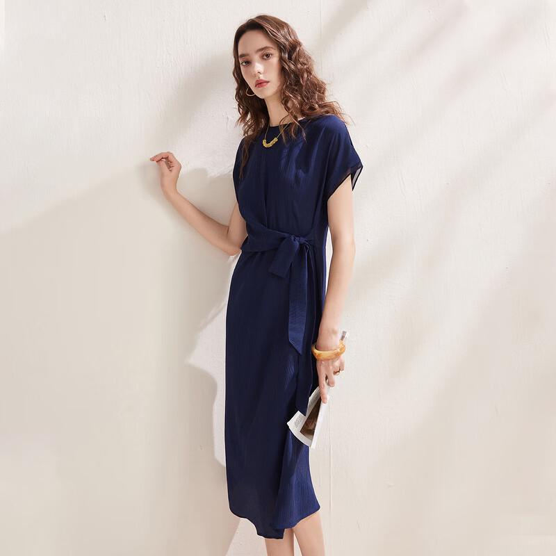 Zhaojun 2026 Summer Mulberry Silk Round Neck Tie-Waist Short Sleeve Midi Dress