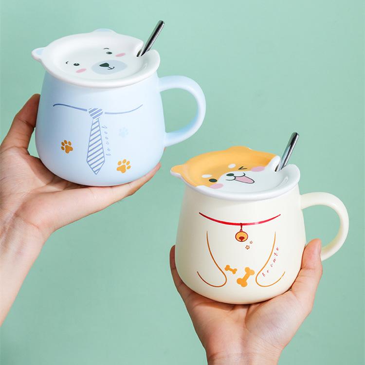 Cute Cartoon Ceramic Cup Creative Animal Face Cover Mug Shiba Inu Cup Taste Cat Water Cup Big White Bear Breakfast Cup