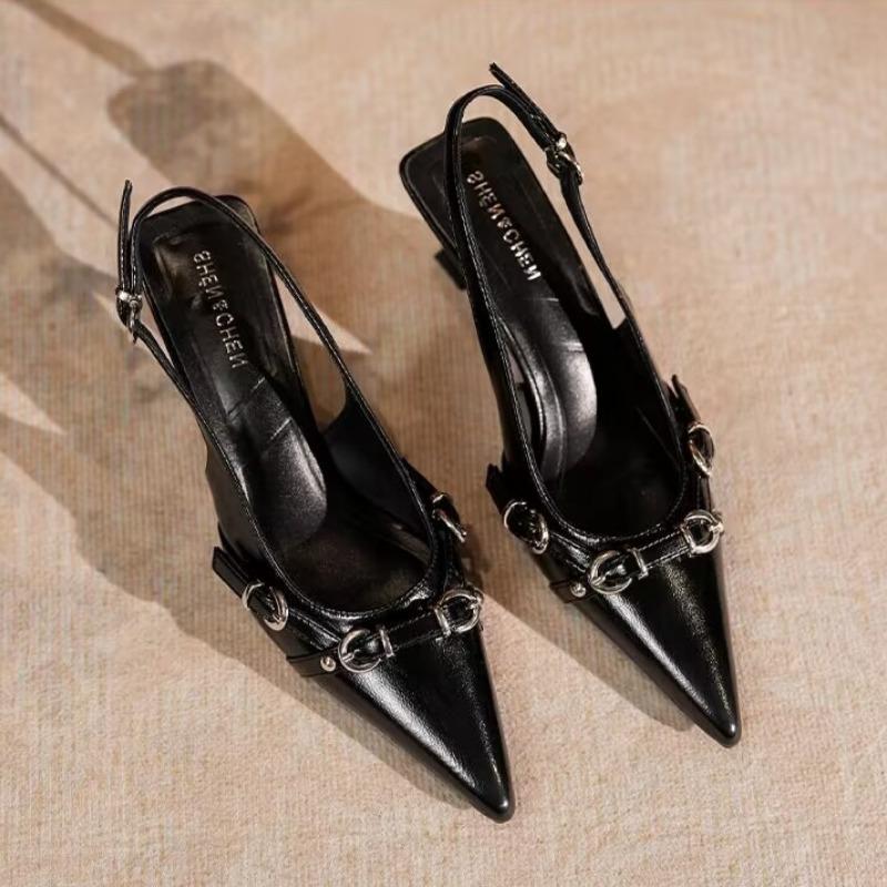 Mode Modische Baotou Sandalen Damen Neu Spitz Zehenbereich Flacher Ausschnitt Metall Schnalle Set Fuß Rutschfest Abriebfest Absatz Schuhe
