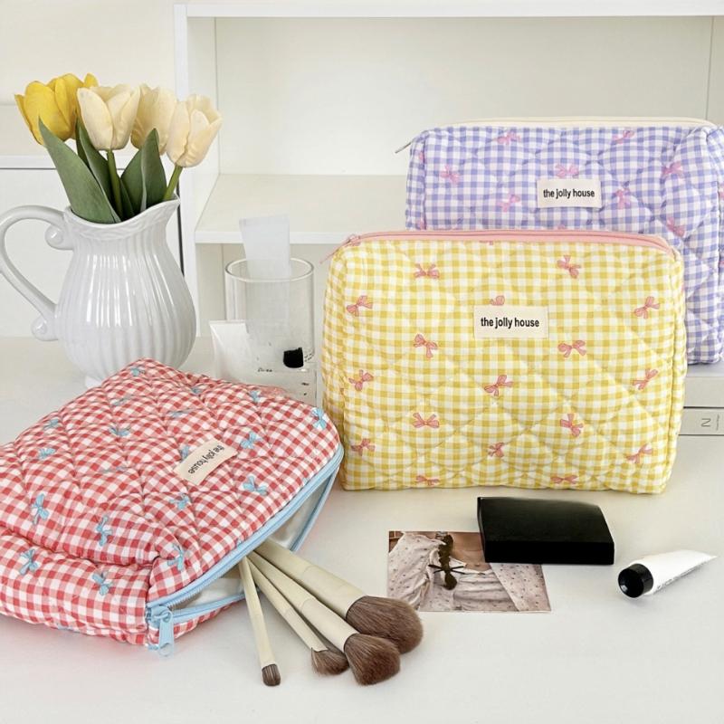 Cute Bow Cotton Makeup Bag Women Zipper Cosmetic Organizer Female Cloth Box Shape Portable Toiletry Case for Girls