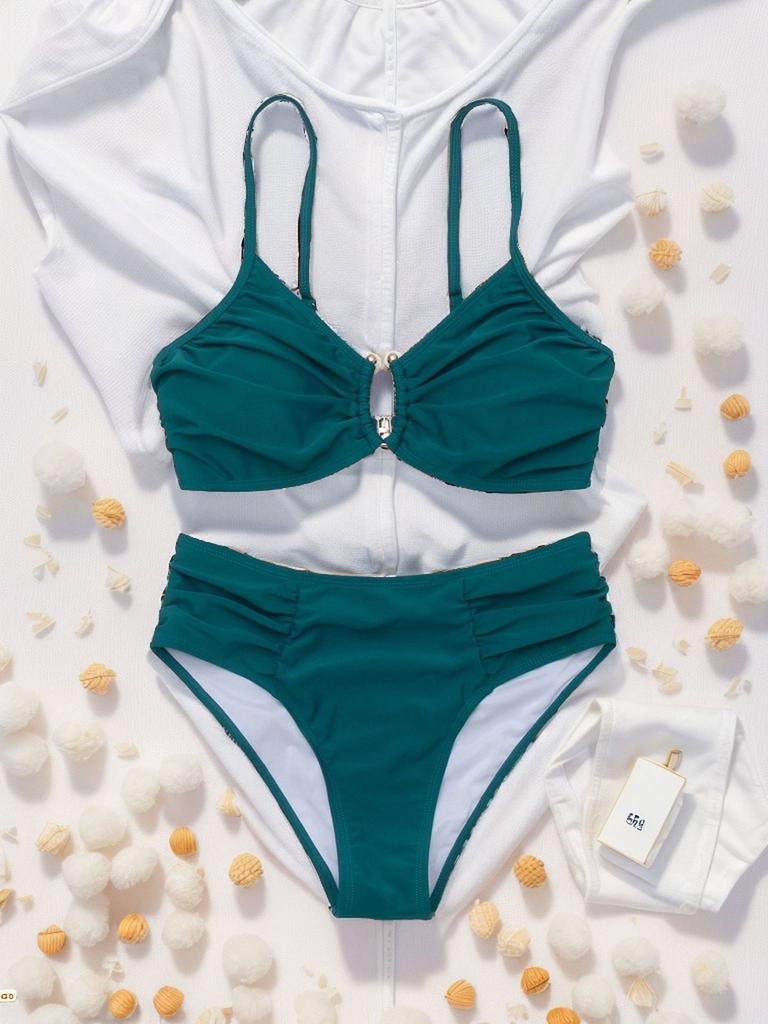 Solid Ruched High Waist Sexy Bikini Set Elegant Slimming Two Piece Swimwear