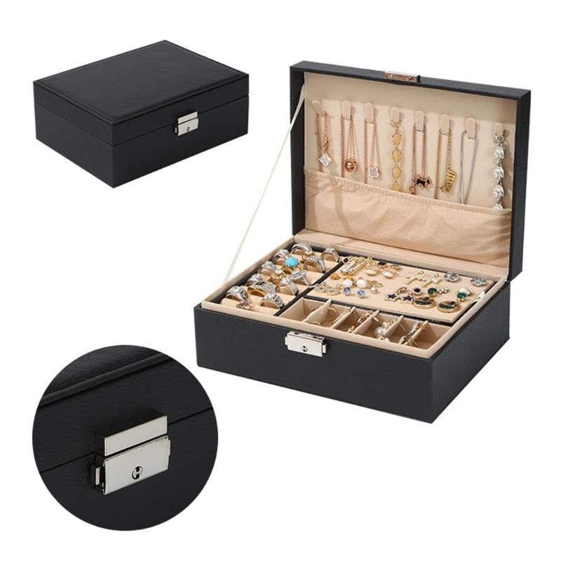 Elegantes Schmuckkästchen mit doppelter Schicht, tragbare Aufbewahrungsbox aus PU-Leder, geeignet für Ringe, Ohrringe, Armbänder und Halsketten