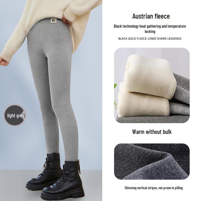 Women's High Waist Fleece-Lined Ribbed Leggings - Warm, Comfortable, Cotton, for Autumn and Winter Wear, Nine-Point Length.