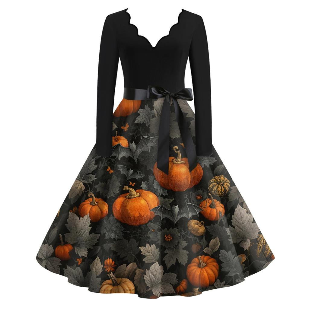 Women's Casual Fashion Long Sleeve Halloween Graphic Printed Vintage Long Dresses