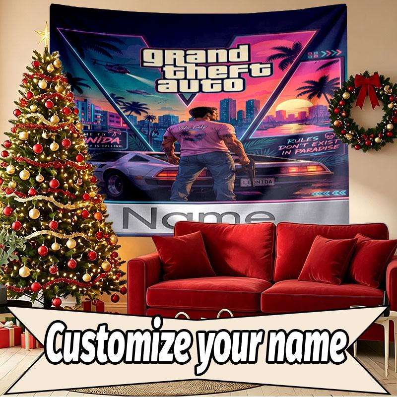 Custom Name Personalized Grand Theft Auto Print Tapestry, Wall Art Decor, Bedroom, Dorm, Apartment, LivingRoom, Party Backdrop, Gift for Birthday