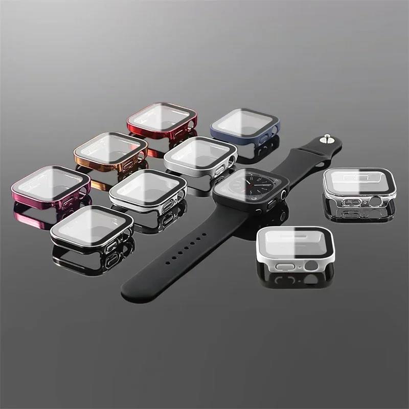 Glass+Case For Apple Watch 42mm 46mm 45mm 41mm 44mm 40mm Straight Edge Screen Protector Cover Case iWatch SE 3 6 7 8 9 10 11 7