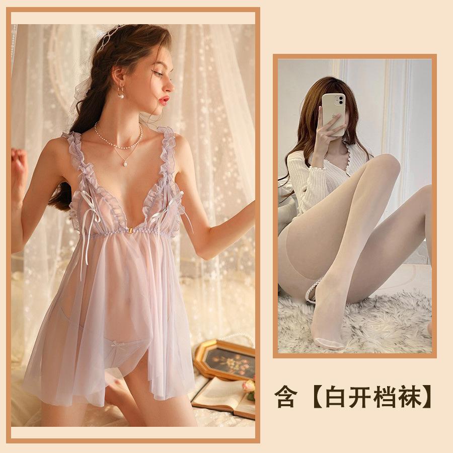Sous-vêtements sexuels, pyjama sexy, séduction féminine, poitrine fendue, maille creuse, bretelles, perspective, chemise de nuit, costume féminin