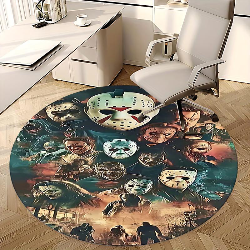 Horror Movie Characters,Halloween Mask Print Chair Mat Round Rug Office Carpet, Machine Washable, Non Slip, Suitable for Living Rooms, Bedrooms