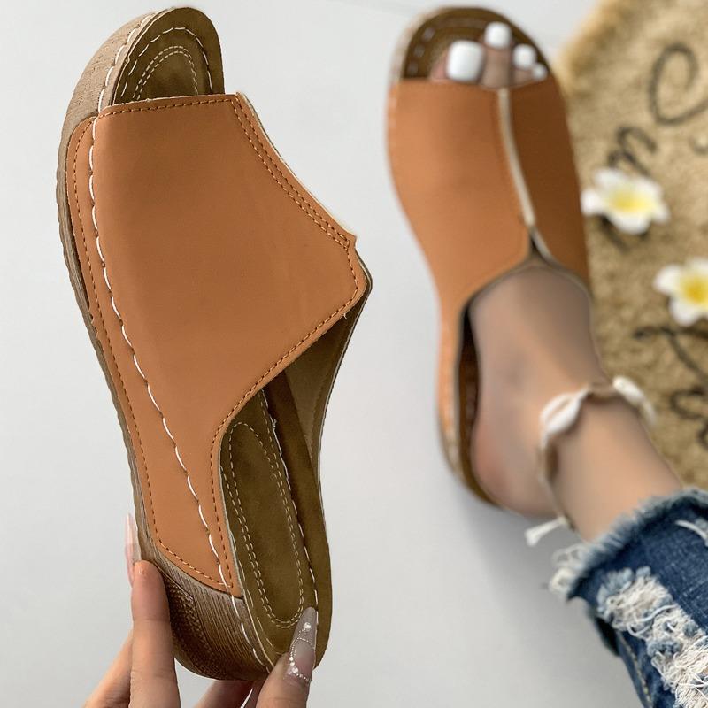 

Женская обувь весна и лето новые сандалии женские удобные танкетка толстая подошва простые повседневные уличные тапочки 43 светло-коричневого