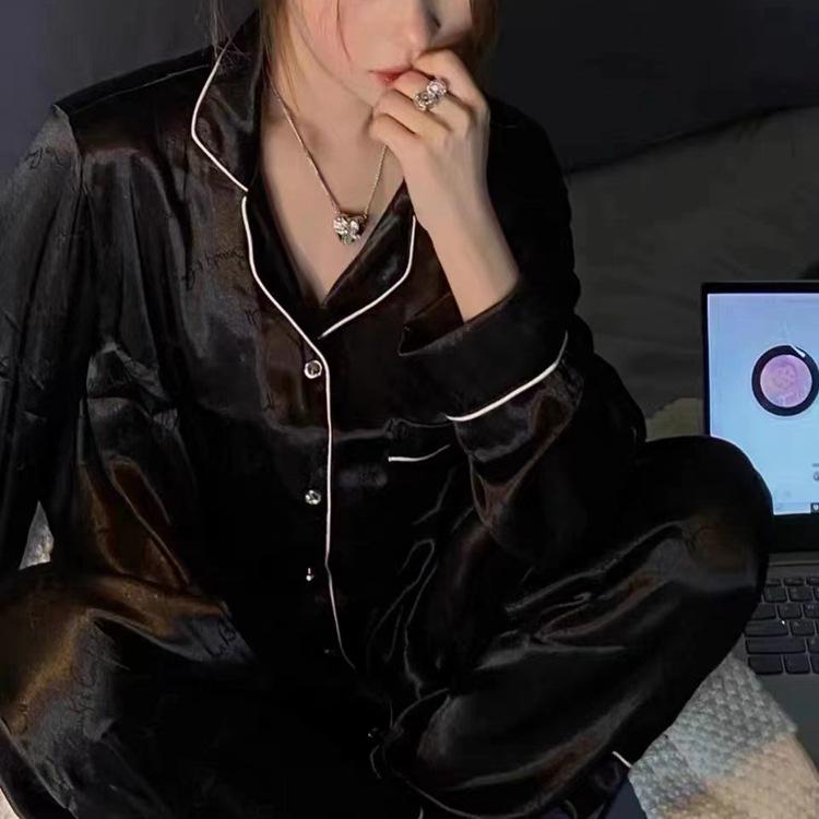 Lace Long Sleeve Black Cardigan Pajamas for Women – Sweet and Loose Spring/Autumn Homewear with Long Pants