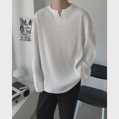 Men's Trendy Pleated Long Sleeve White V-Neck T-Shirt