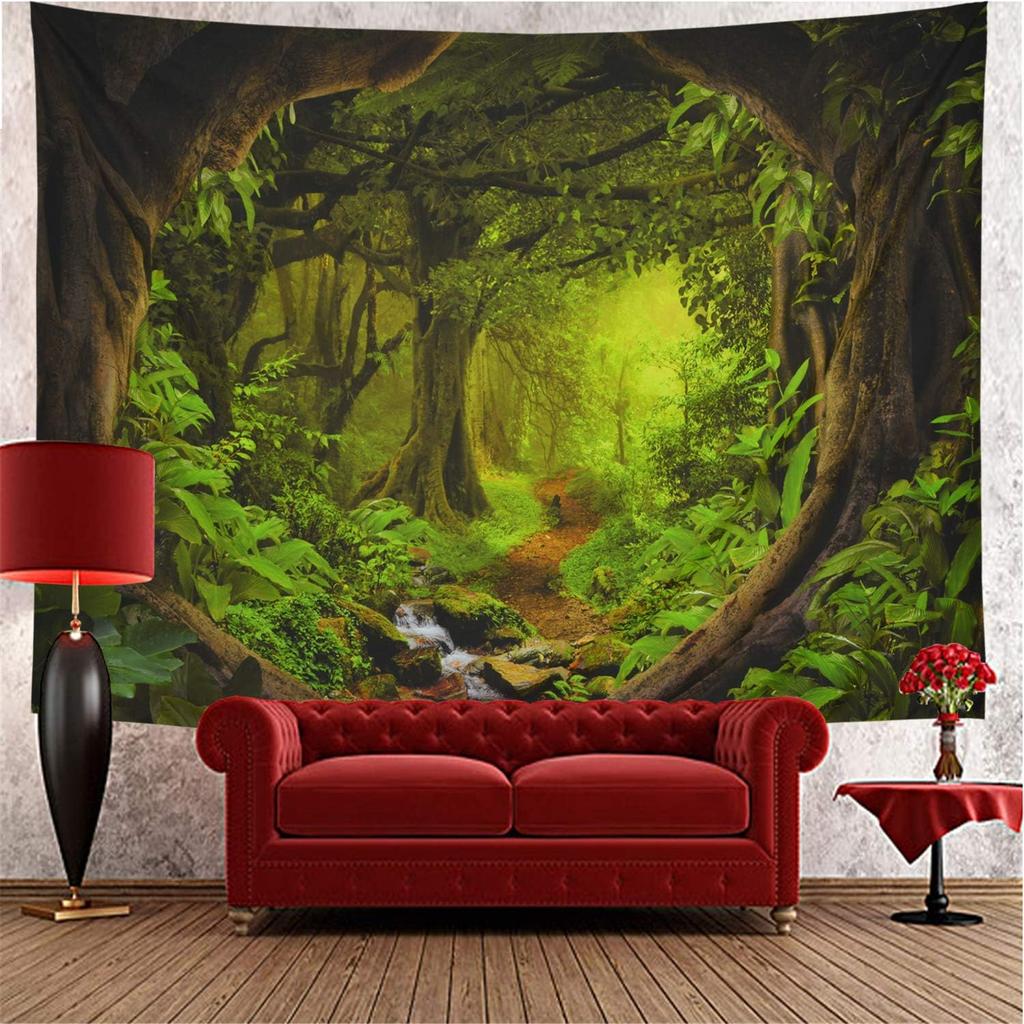 Tushelia Forest Tapestry Psychedelic Tree Cave Tapestries Fantasy Nature Landscape Backdrop Tapestries Stream Through Rainforest Jungle Tapestry Wall
